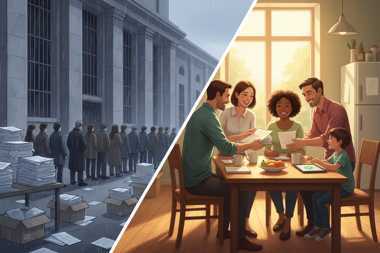 Split comparison image: left side shows a gloomy courthouse with long lines and paperwork, right side shows a happy family easily handling documents at home