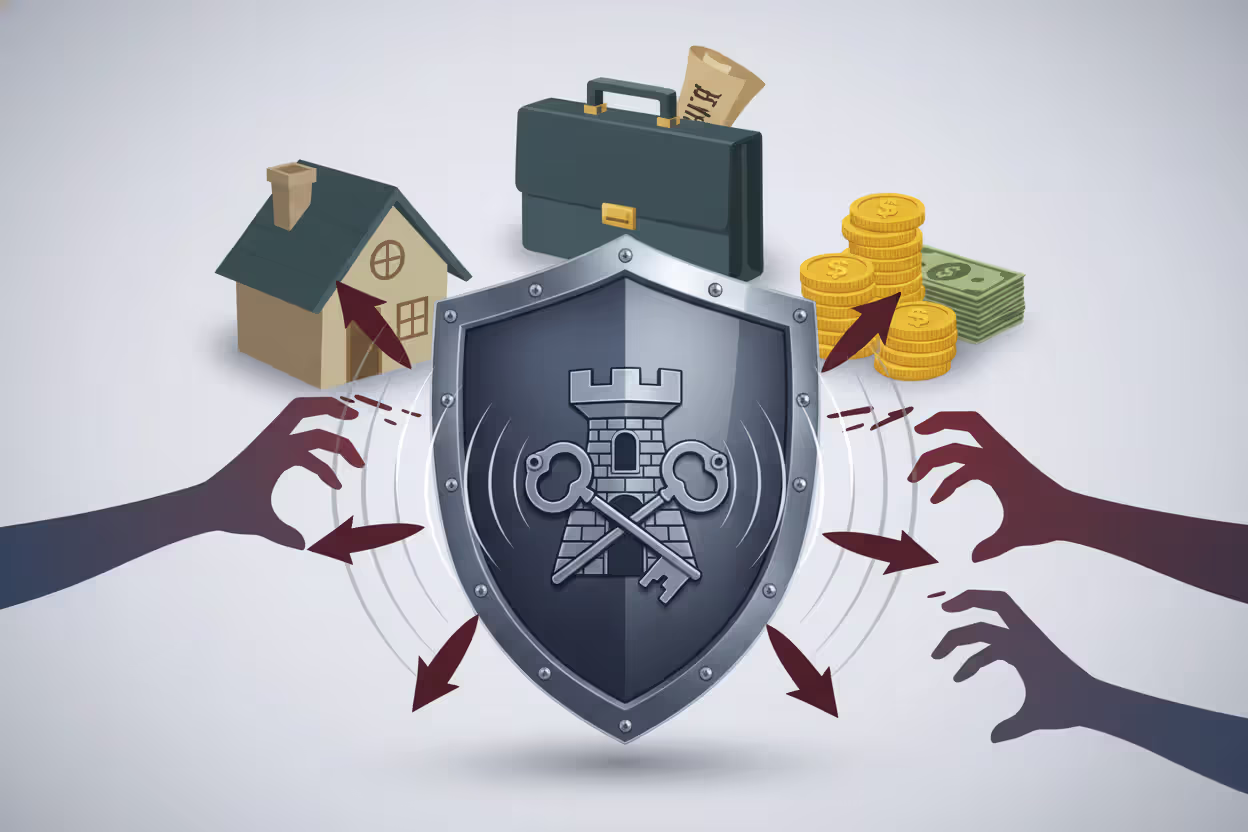 A strong shield protecting a house and financial assets from dark arrows symbolizing creditor claims and lawsuits