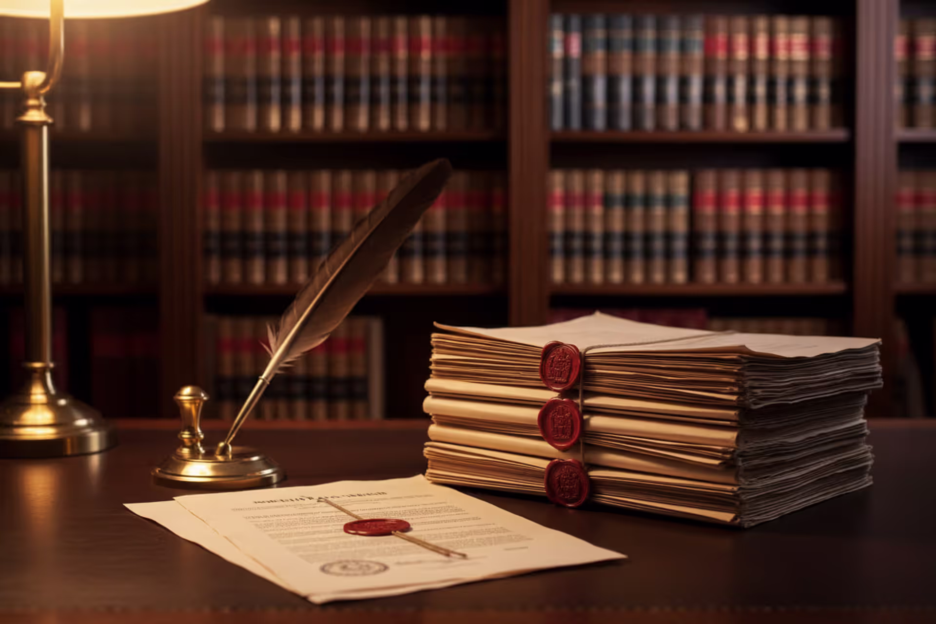 Lawyer desk with legal trust documents, wax seal, fountain pen, and blurred bookshelves with law books in the background