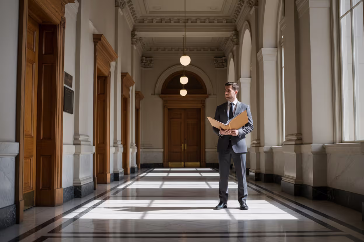 A person in business attire holding a document folder standing in a long courthouse hallway with marble floors and tall doors