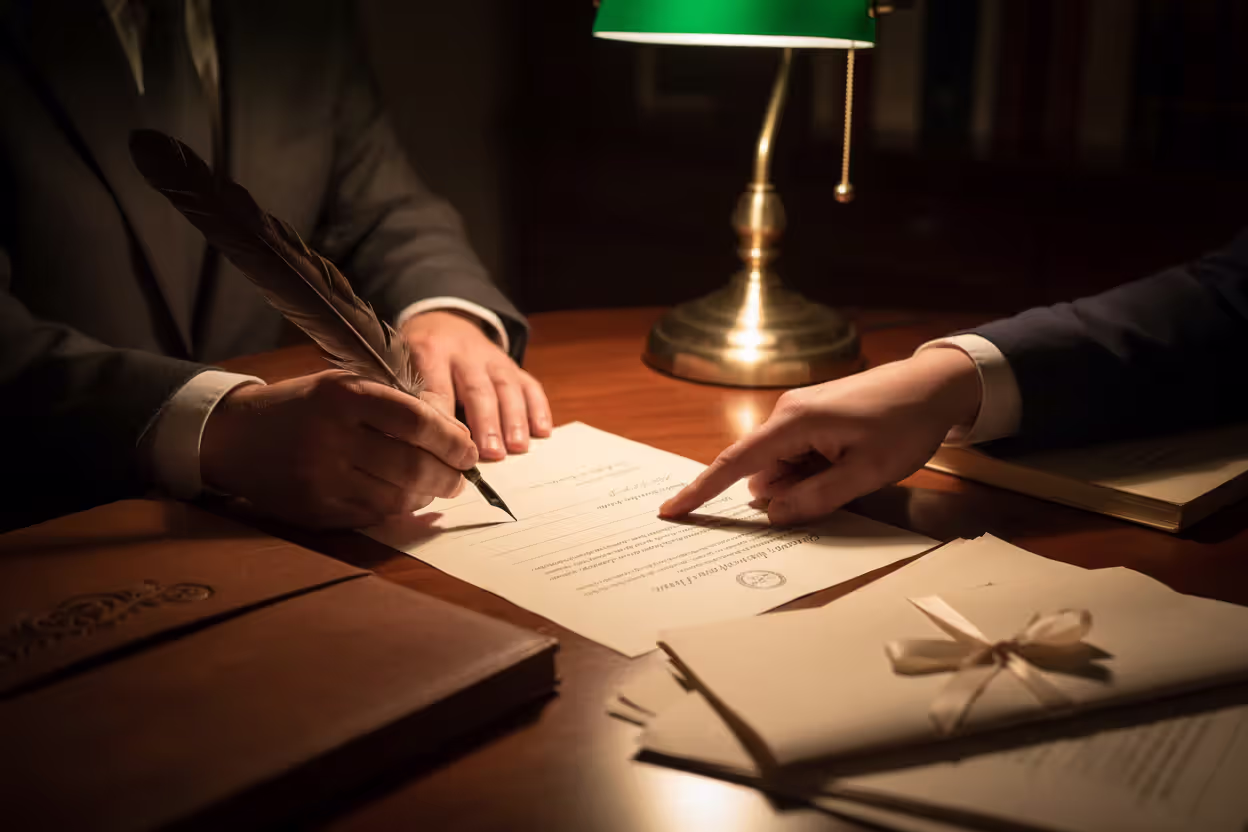 Close-up of two pairs of hands at a desk, one signing a legal document with a pen while the other points to a line on the paper