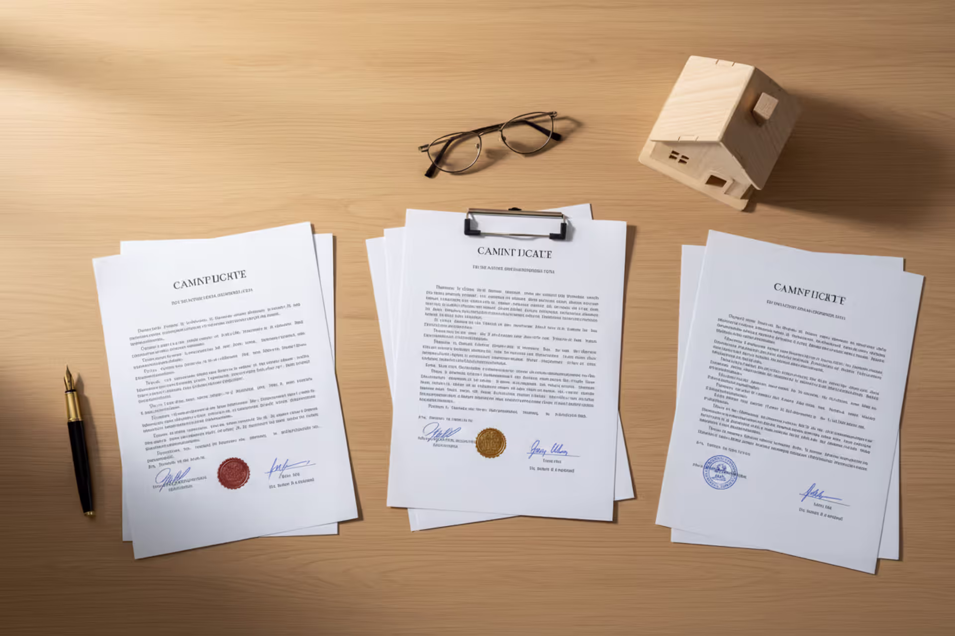 Top view of a wooden desk with three separate stacks of legal documents, a fountain pen, glasses, and a small house model