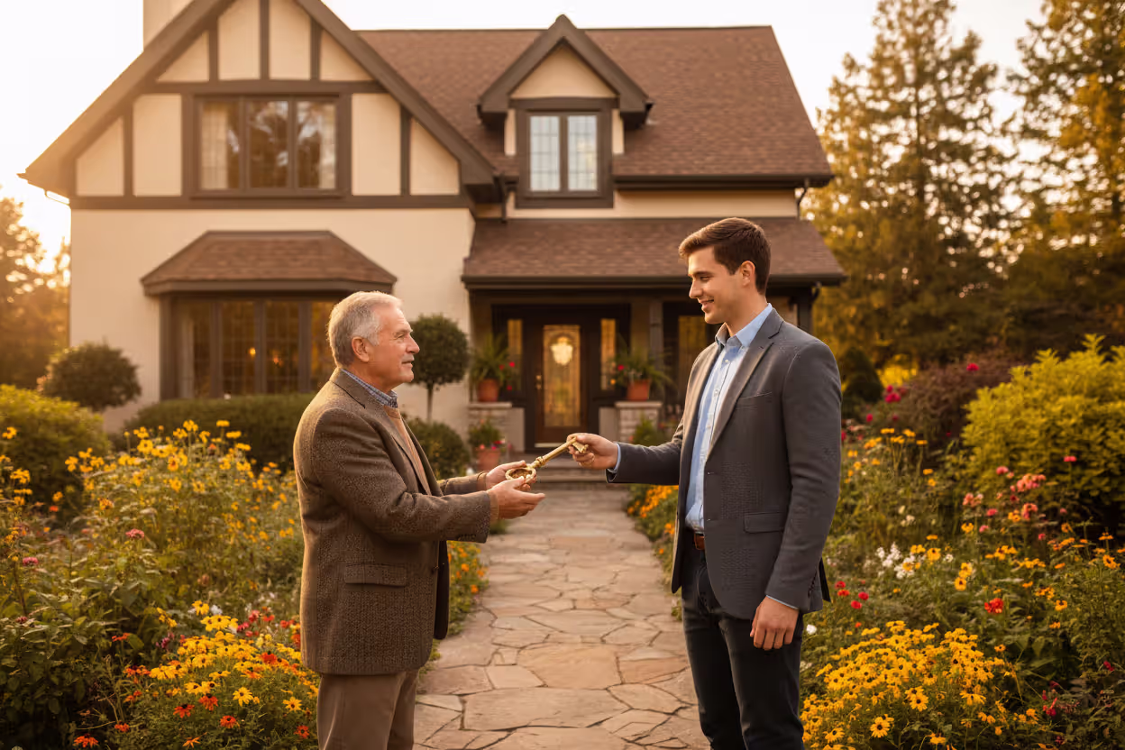 Young man receiving a house key from an elderly person with a residential home in the background symbolizing structured inheritance transfer