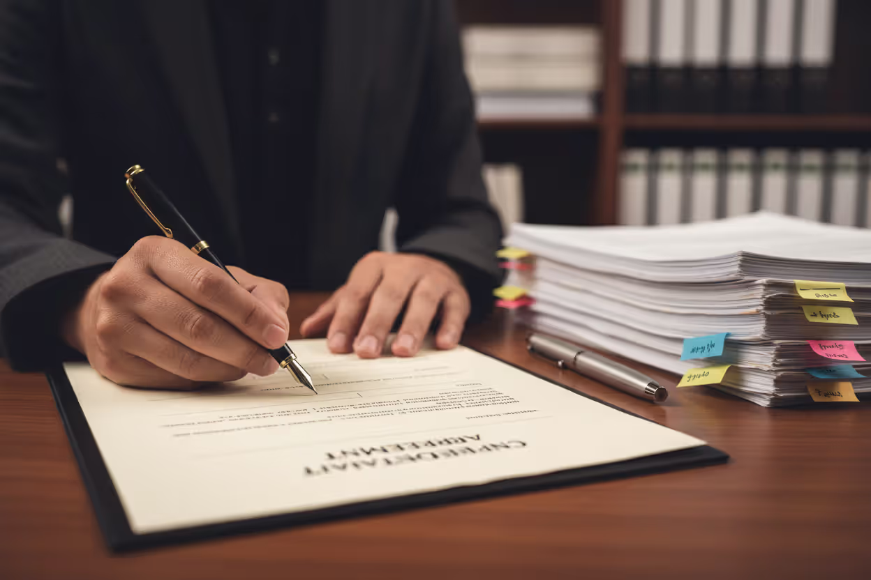 Close-up of hands signing a legal trust document at a professional desk with bookmarked papers nearby
