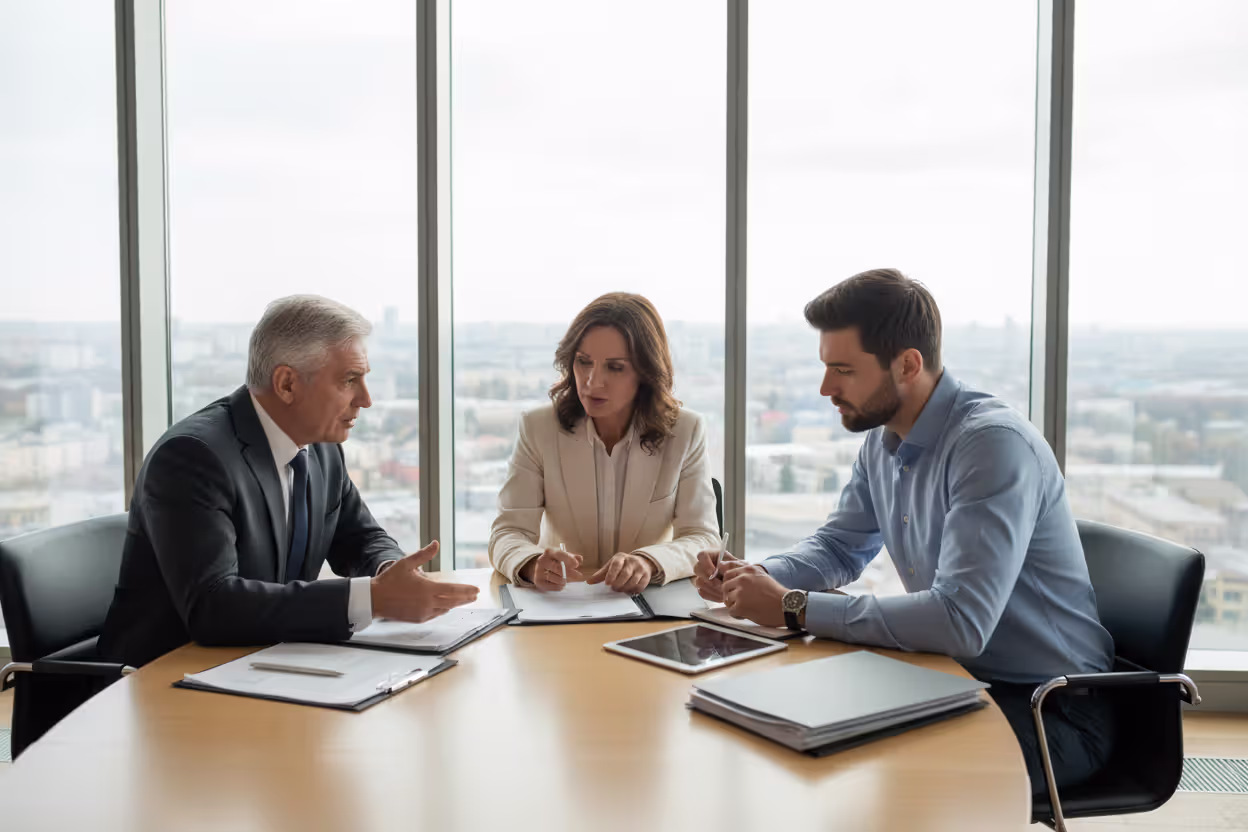 Business meeting between an elderly man, middle-aged woman, and young financial advisor discussing estate planning documents in a modern office
