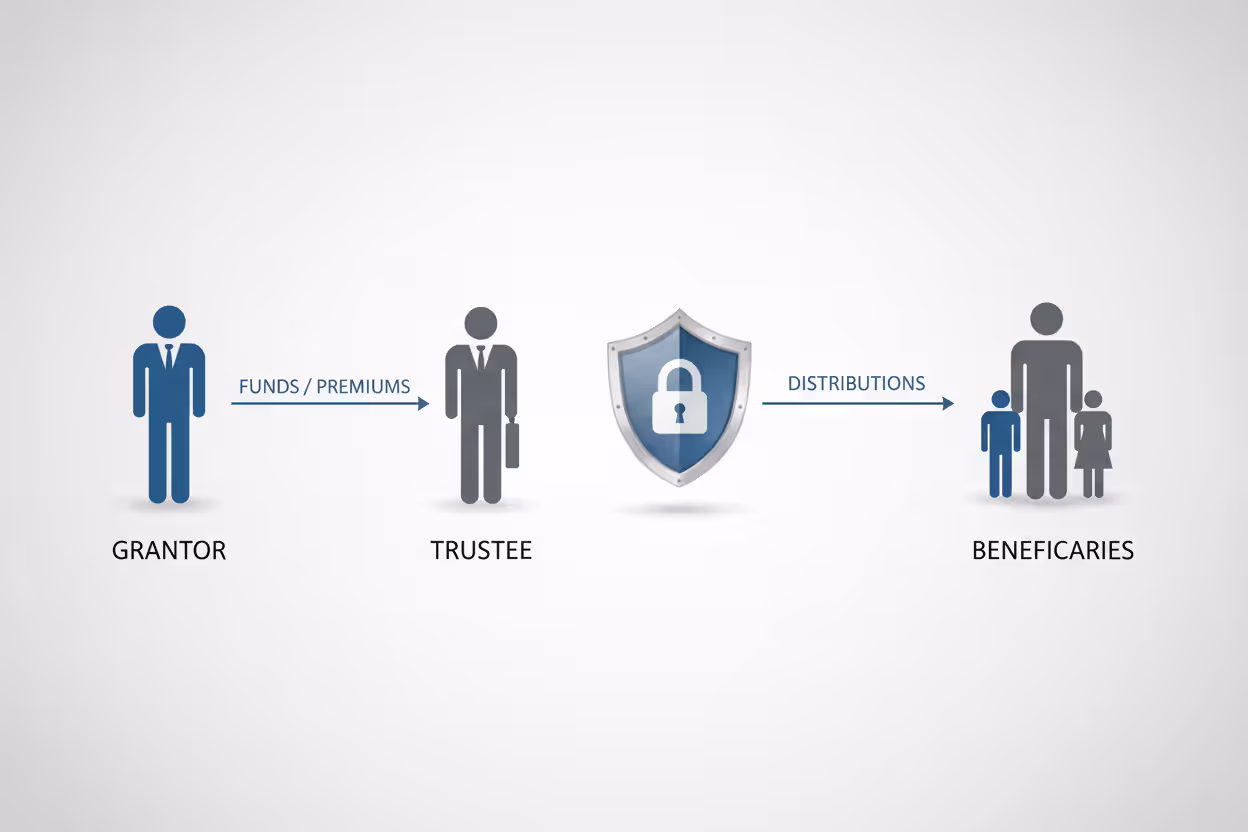 Infographic showing three ILIT roles: grantor, trustee, and beneficiaries connected by arrows indicating fund flow, with a protective shield symbol in the center on a clean corporate background