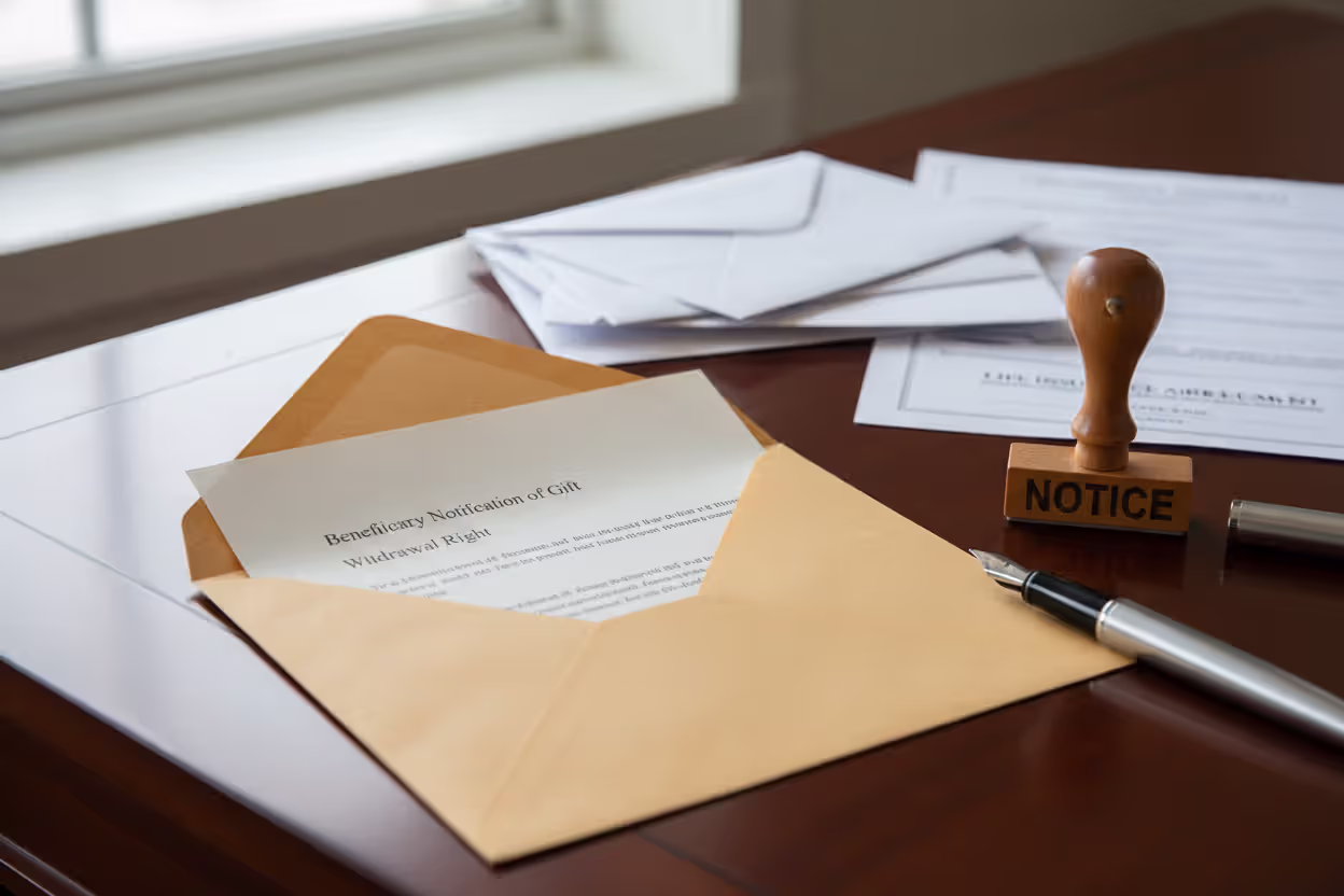Formal Crummey notice letter in an open envelope on a wooden desk with a NOTICE stamp, a pen, stacked envelopes, and an insurance document in the soft-lit background