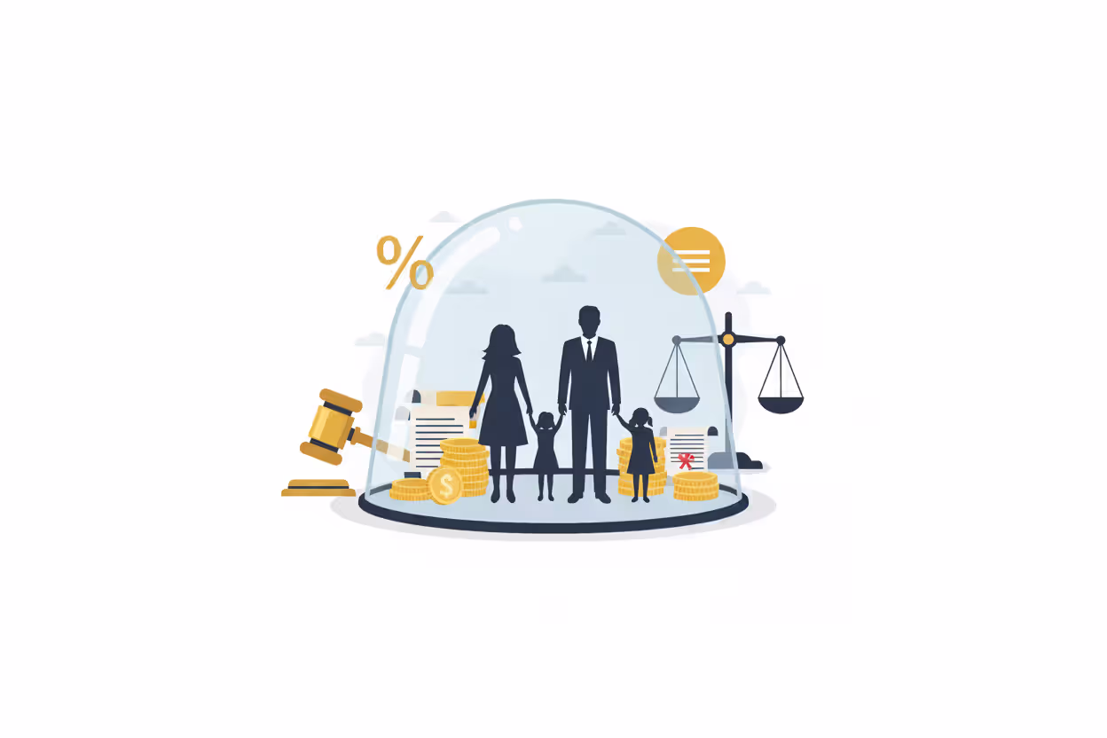 Family silhouettes standing under a transparent protective dome surrounded by symbols of threats like a judge gavel, percentage sign, and scales of justice, with gold coins and documents inside the dome