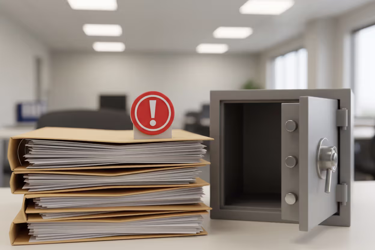 Stack of document folders with a red warning exclamation mark on top and an open empty safe nearby symbolizing common estate planning mistakes and unfunded trusts