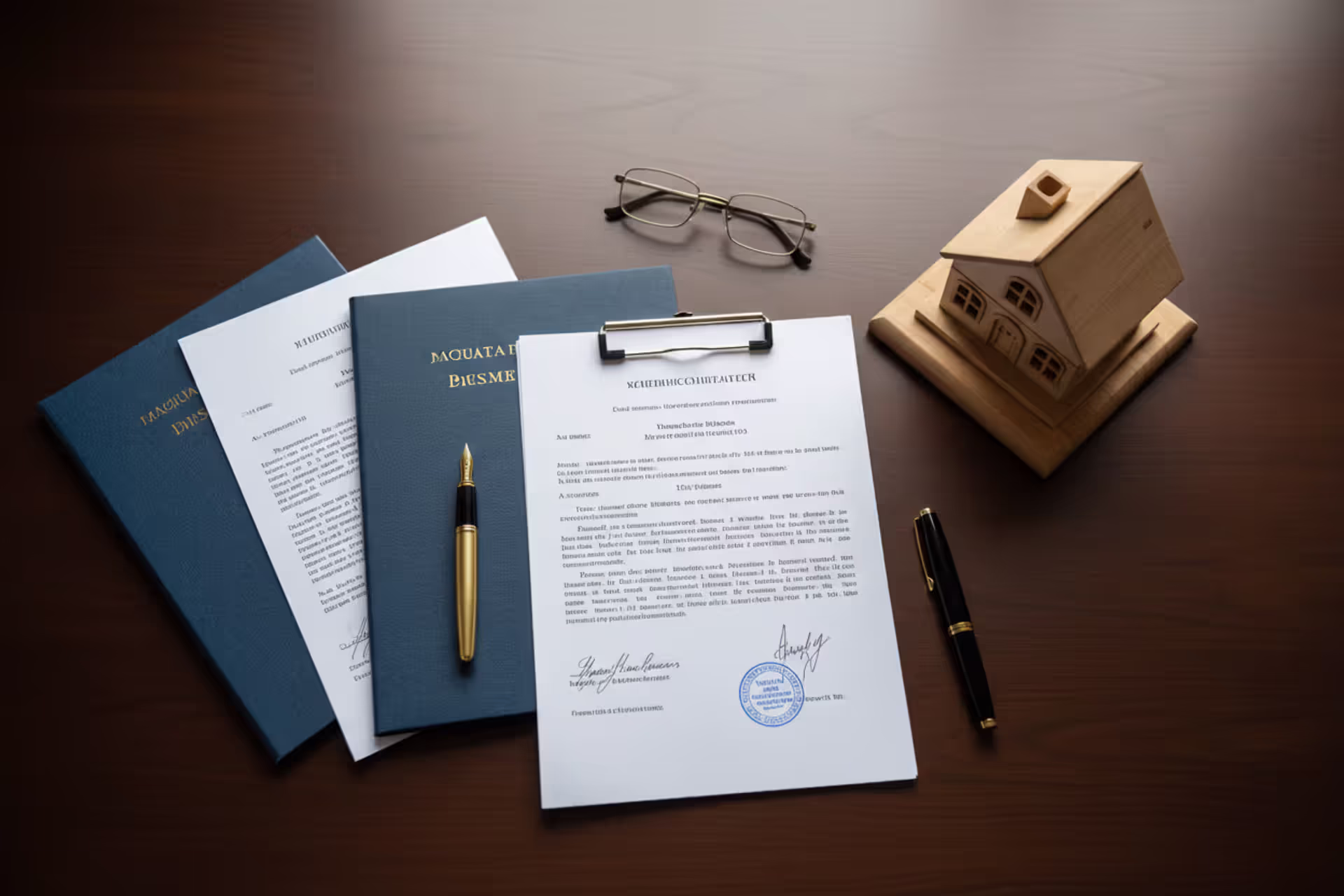 Dark wooden desk with legal documents in blue covers, fountain pen, glasses, and a small decorative wooden house model representing estate planning and living trust concept