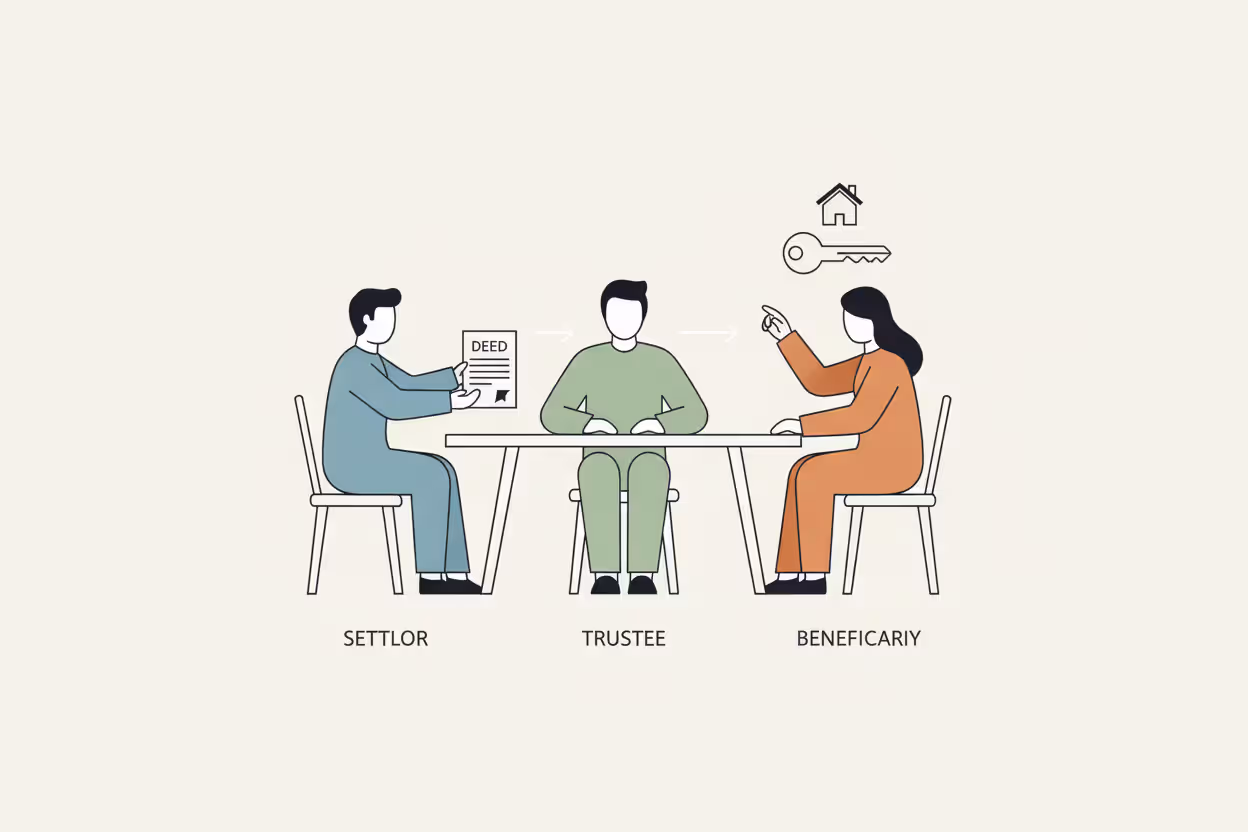 Three people at a table illustrating trust relationship between grantor, trustee, and beneficiary with document and house key exchange