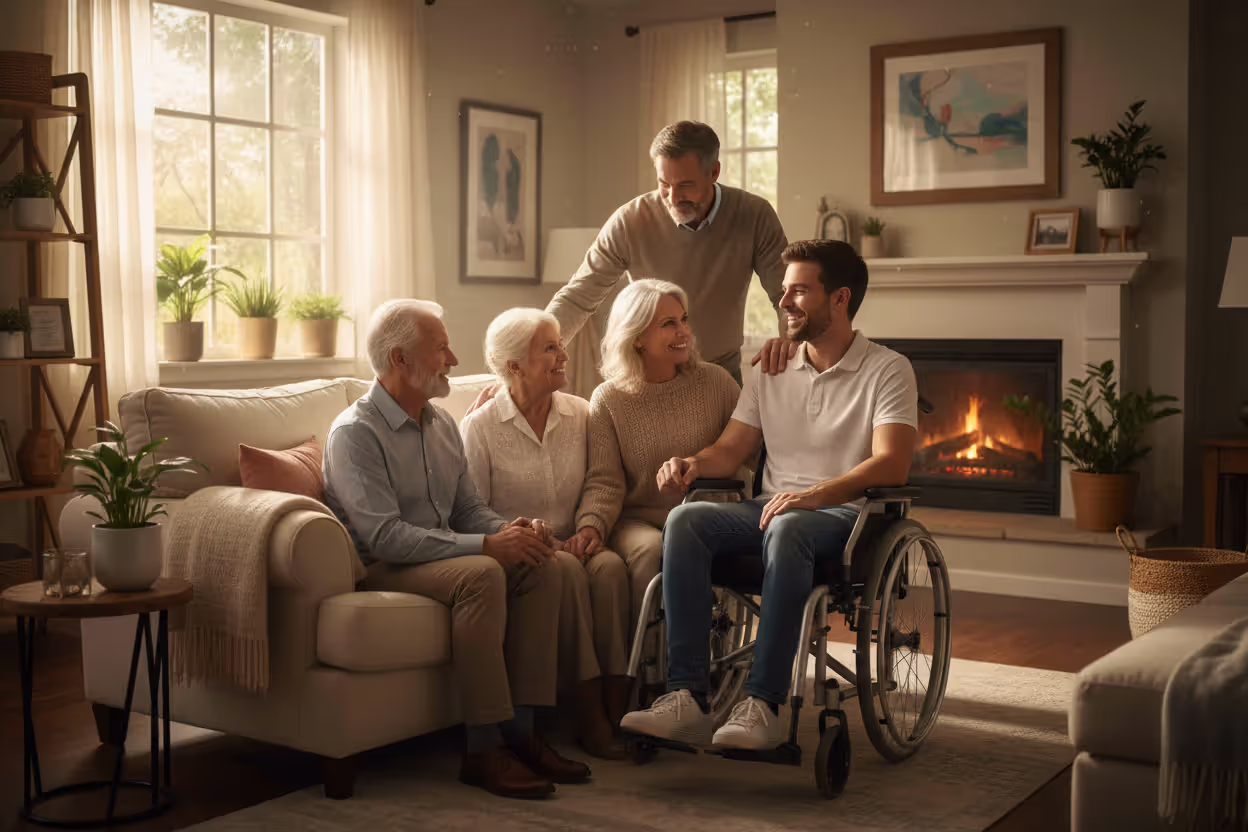 Multigenerational family including person in wheelchair smiling together in bright living room showing care and protection