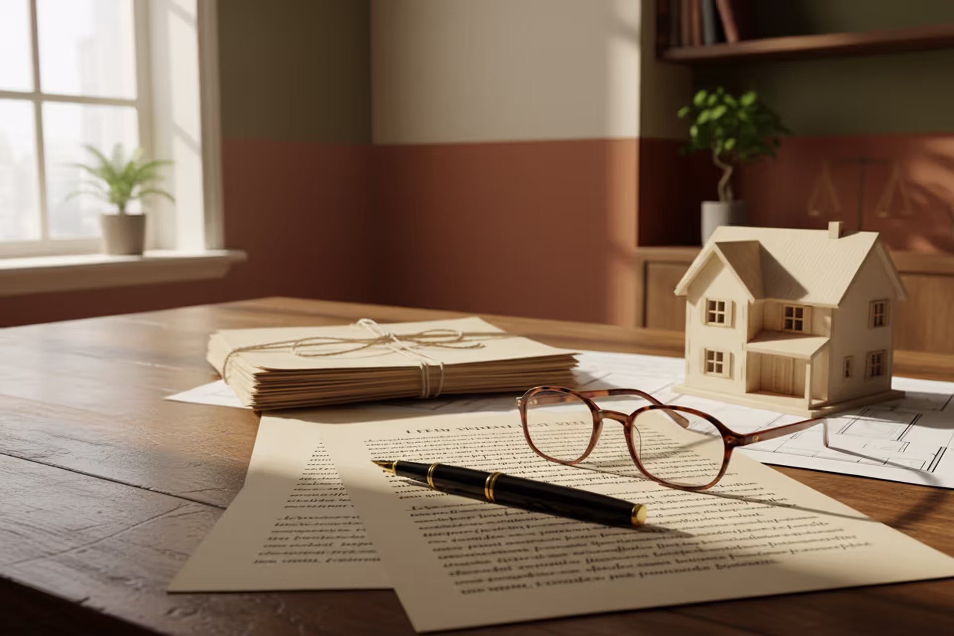 Wooden desk with legal documents, fountain pen, eyeglasses, and small house model in warm natural lighting