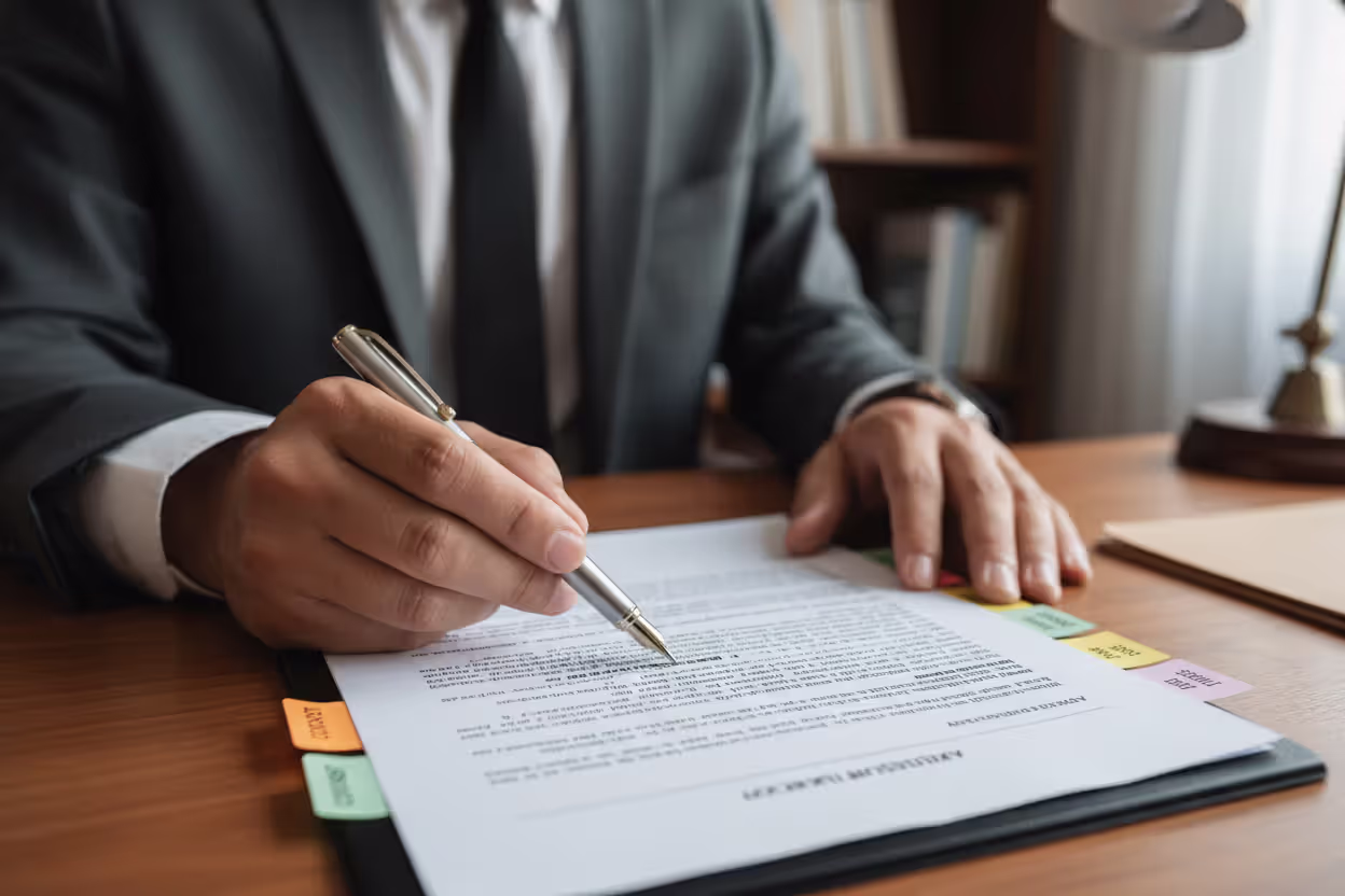 Close-up of an attorney's hands pointing with a pen at a section of a multi-page legal trust document with colored tab markers