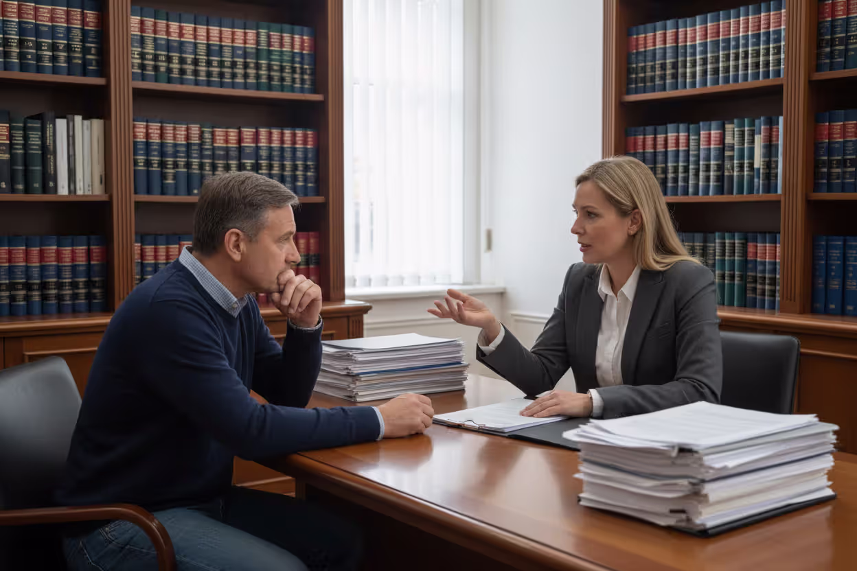 An estate planning attorney consulting with a client across a desk with legal documents in a professional office with bookshelves