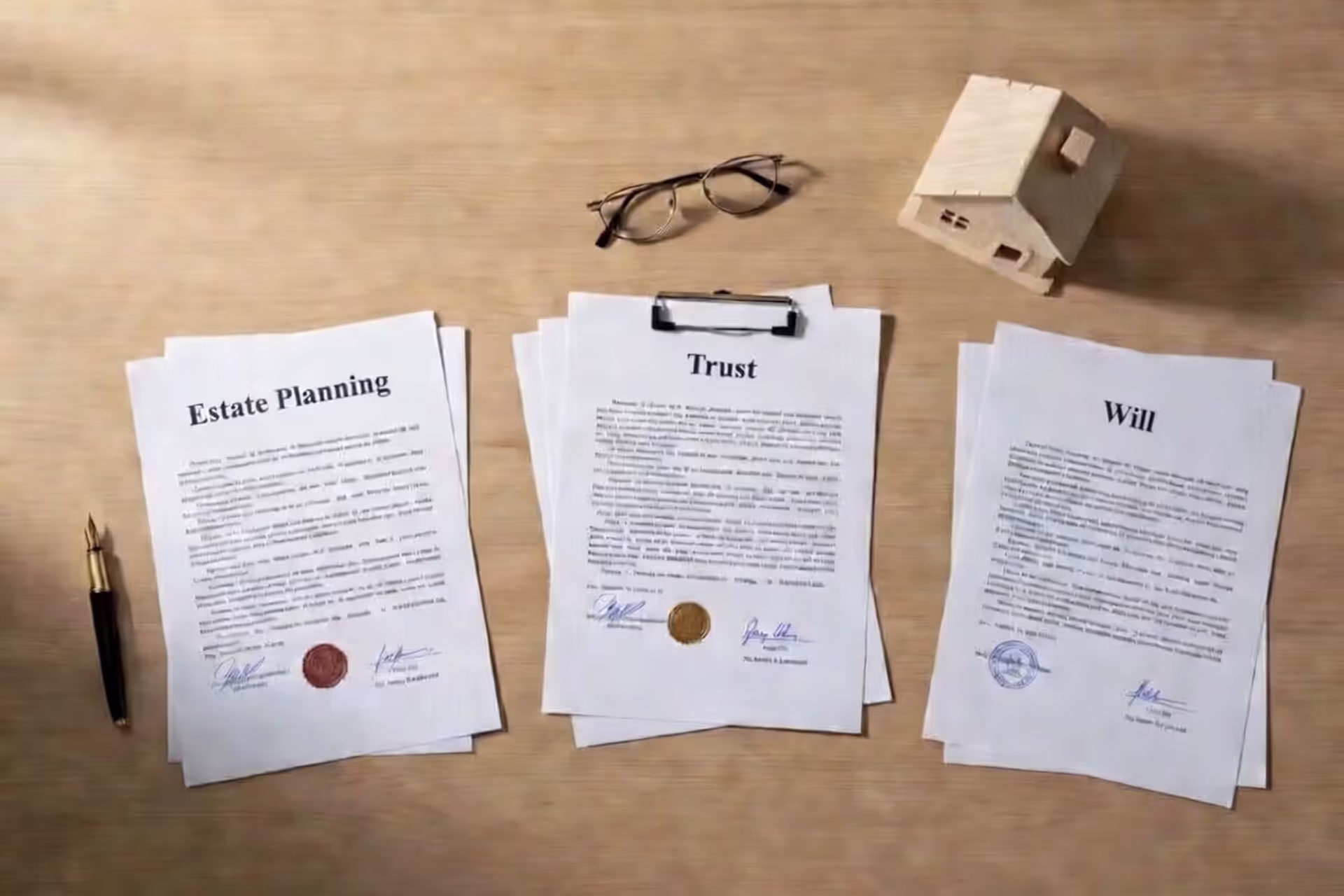 Top view of a wooden desk with three separate stacks of legal documents, a fountain pen, glasses, and a small house model